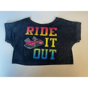 Ride‎ It Out Graphic Crop Top Black Acid Wash Car Racing Checkered Flags Sz M